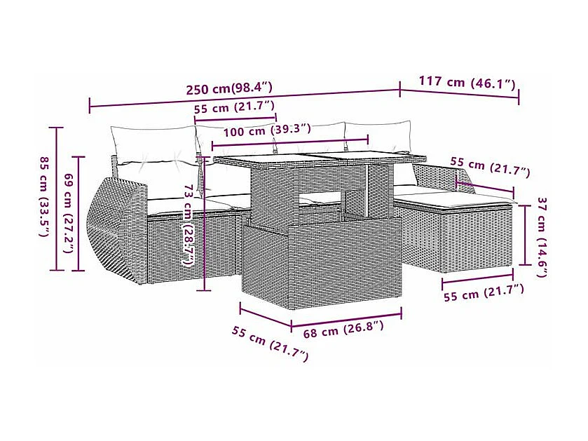 Salon de jardin avec coussins 6 pcs marron résine tressée