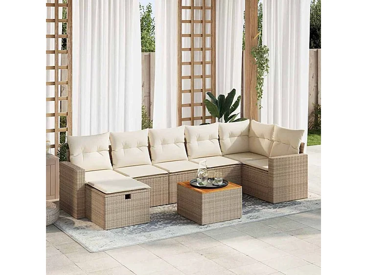Salon de jardin avec coussins 8 pcs beige résine tressée