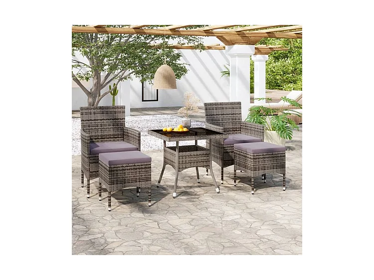 Meubles à dîner jardin 5pcs Résine tressée et verre trempé Gris