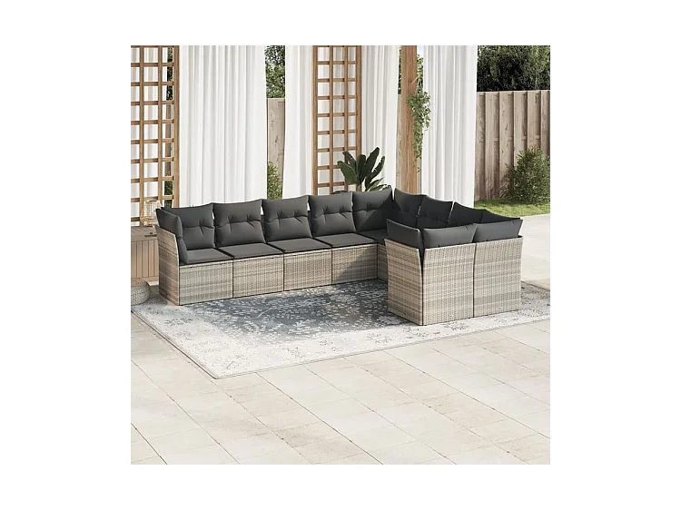 Salon de jardin 9 pcs avec coussins gris clair résine tressée