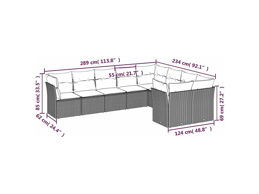 Salon de jardin 9 pcs avec coussins gris clair résine tressée