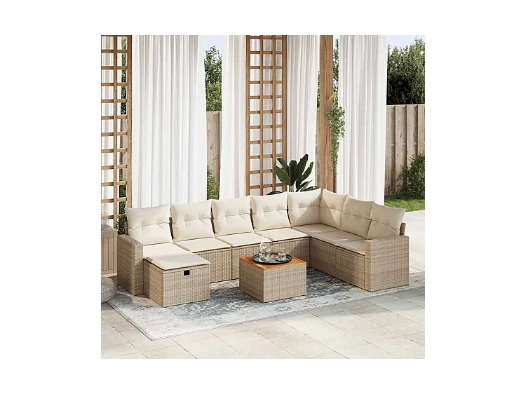 Salon de jardin avec coussins 9 pcs beige résine tressée