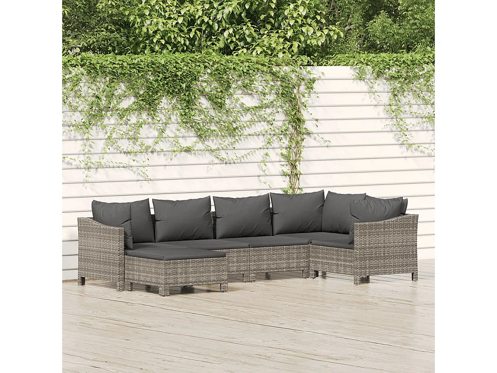 Salon de jardin 6 pcs avec coussins Gris Résine tressée