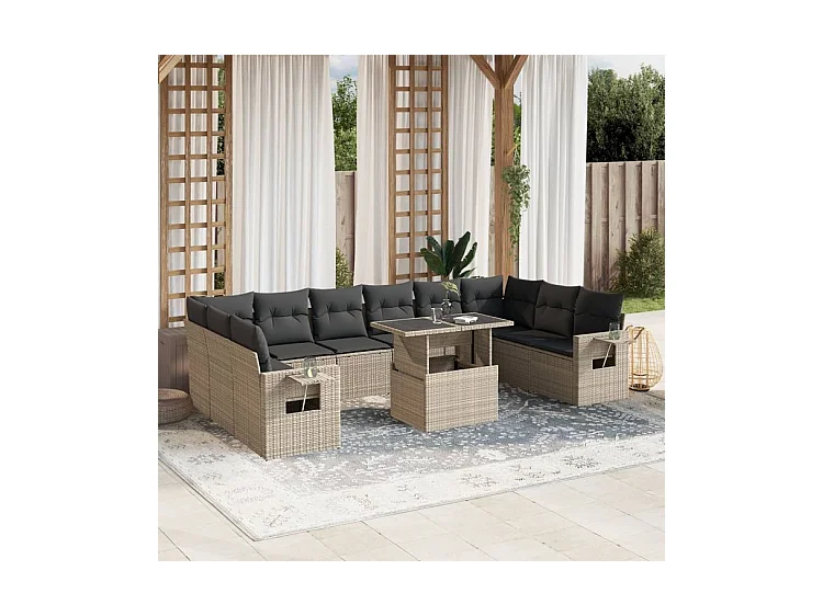 Salon de jardin 11 pcs avec coussins gris clair résine tressée