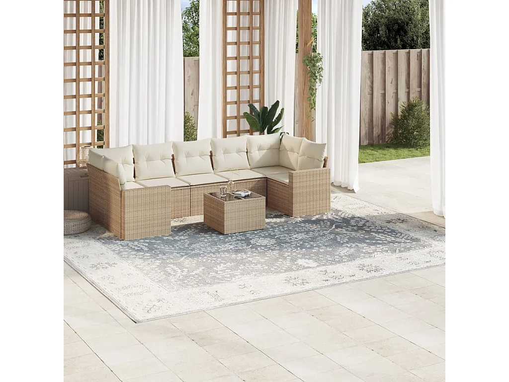 Salon de jardin avec coussins 8 pcs beige résine tressée