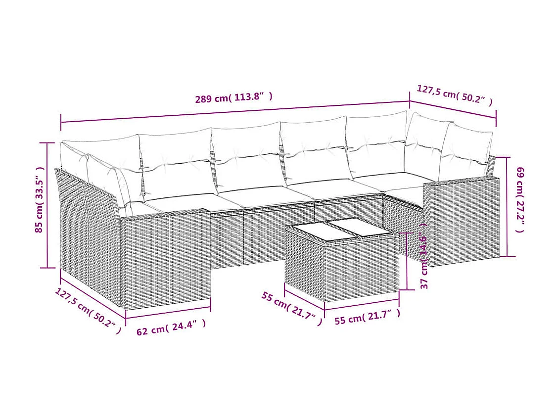 Salon de jardin avec coussins 8 pcs beige résine tressée