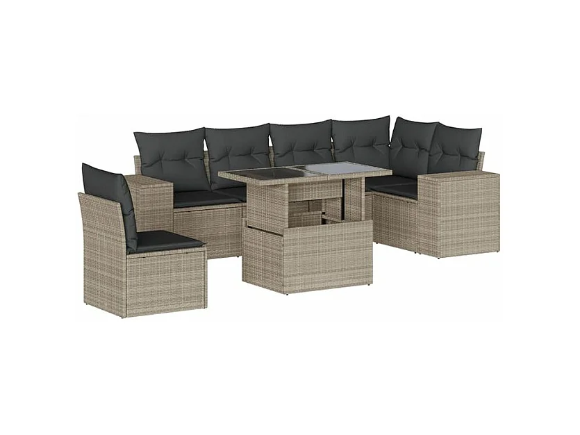 Salon de jardin avec coussins 7 pcs gris clair résine tressée