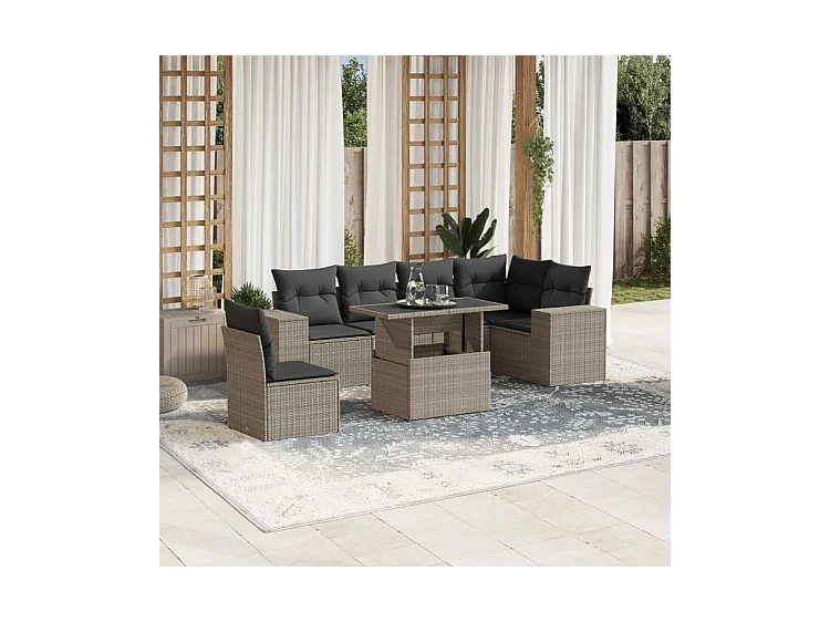 Salon de jardin avec coussins 7 pcs gris clair résine tressée