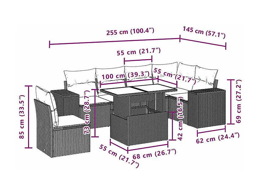 Salon de jardin avec coussins 7 pcs gris clair résine tressée