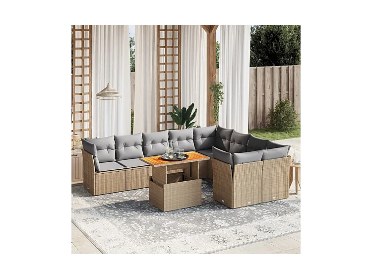 Salon de jardin avec coussins 10 pcs beige résine tressée