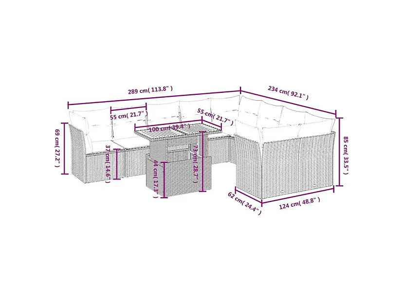Salon de jardin avec coussins 10 pcs beige résine tressée