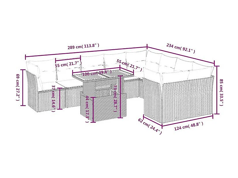 Salon de jardin avec coussins 10 pcs beige résine tressée