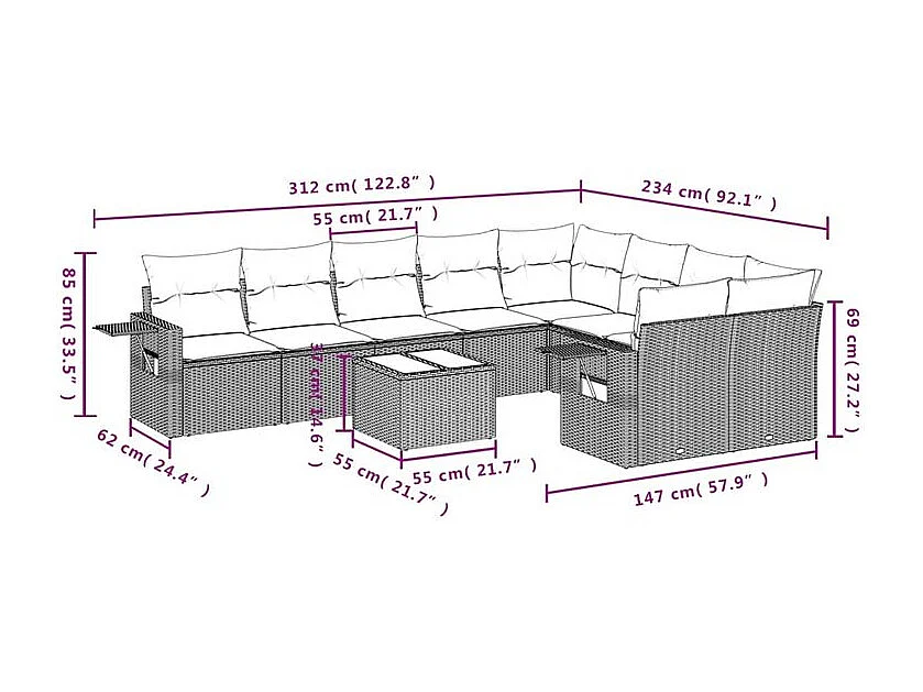 Salon de jardin 10 pcs avec coussins marron résine tressée