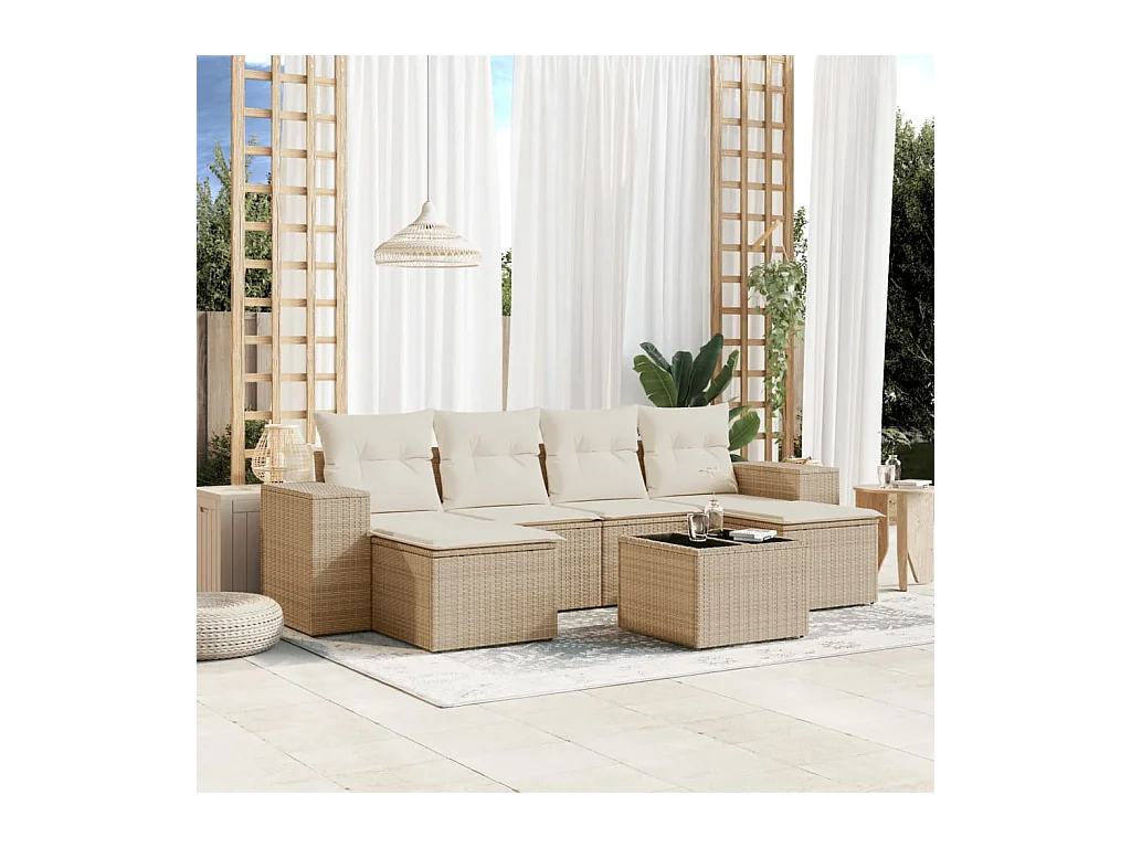 Salon de jardin avec coussins 7 pcs beige résine tressée