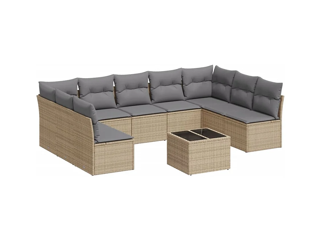 Salon de jardin avec coussins 10 pcs beige résine tressée