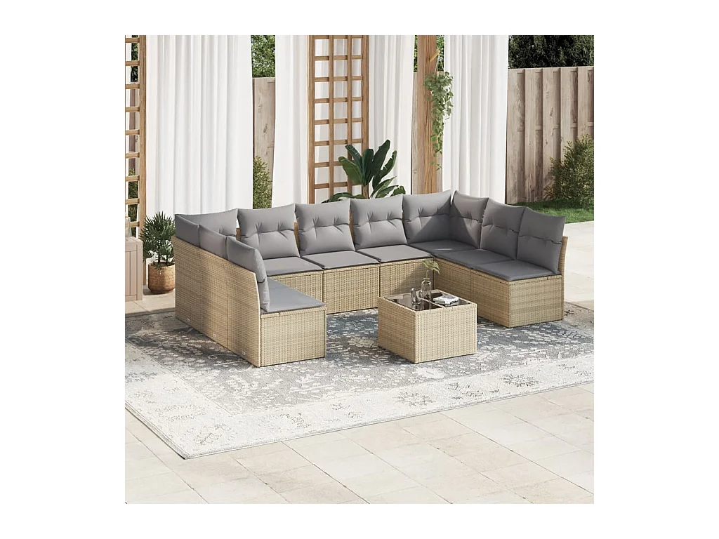 Salon de jardin avec coussins 10 pcs beige résine tressée