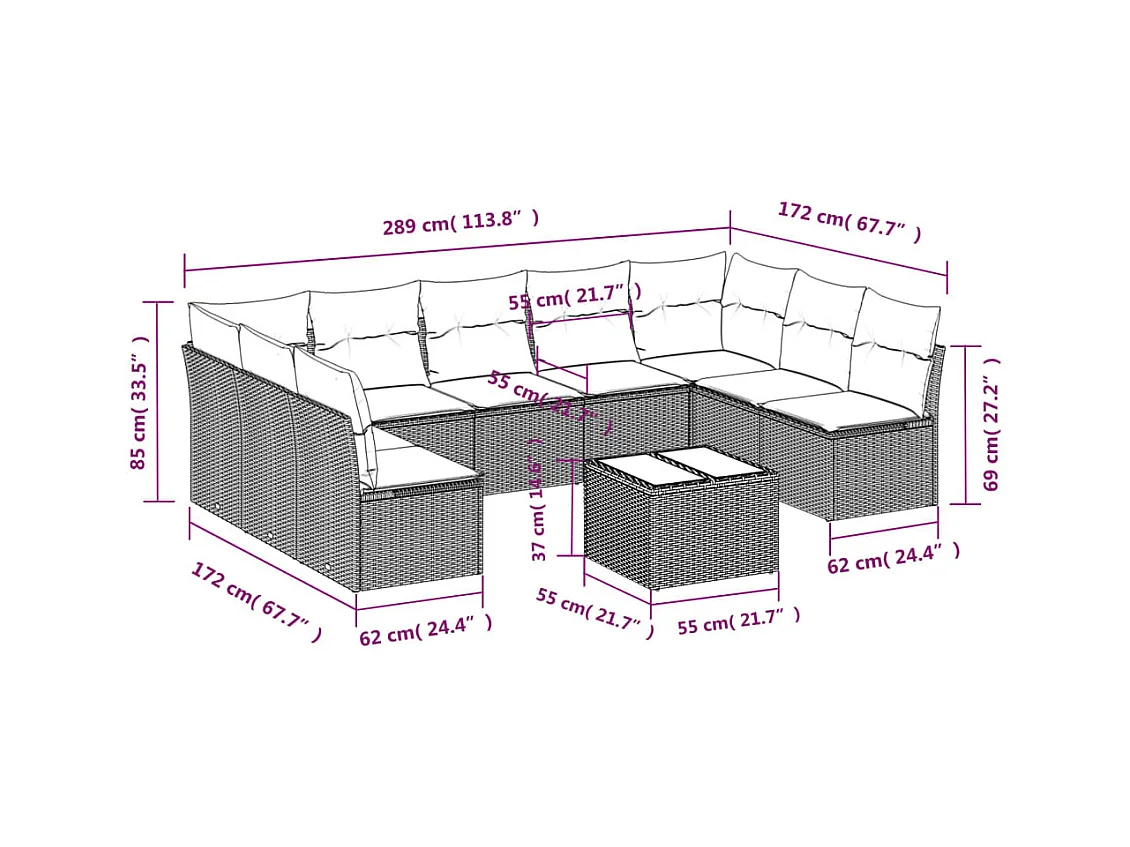 Salon de jardin avec coussins 10 pcs beige résine tressée