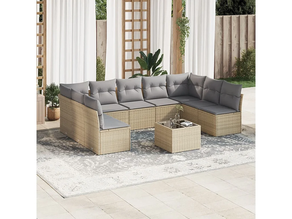 Salon de jardin avec coussins 10 pcs beige résine tressée
