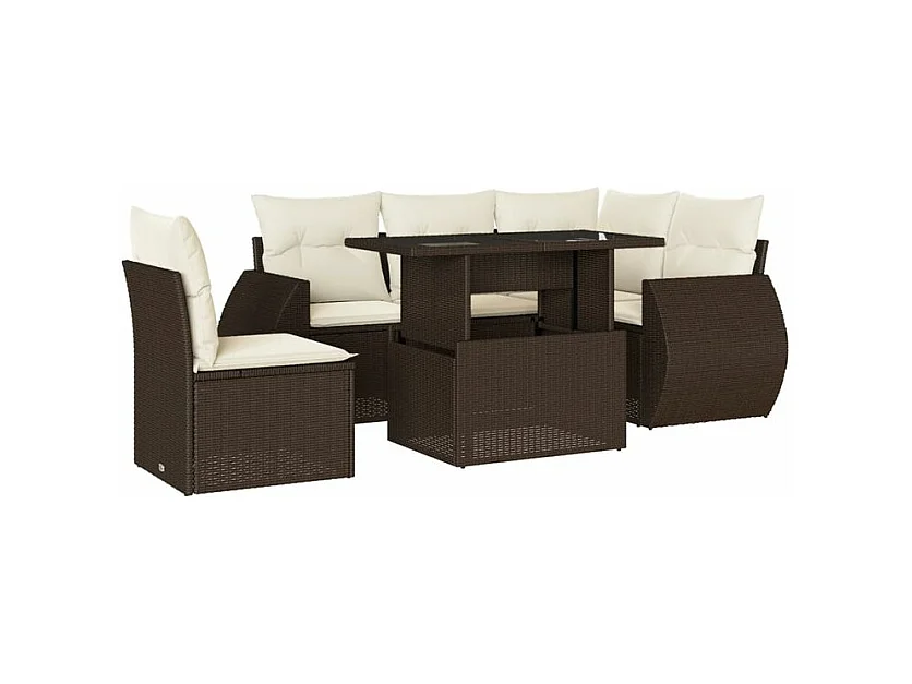 Salon de jardin avec coussins 6 pcs marron résine tressée