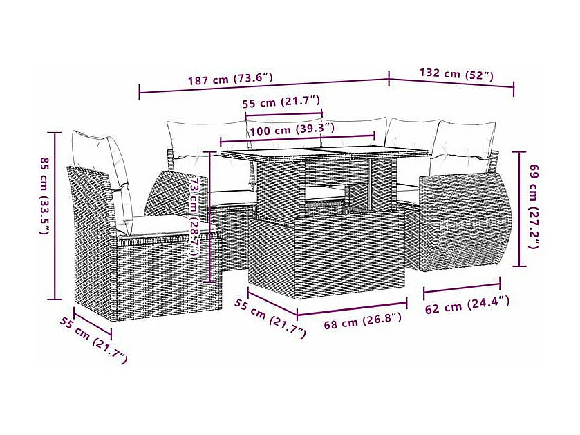 Salon de jardin avec coussins 6 pcs marron résine tressée