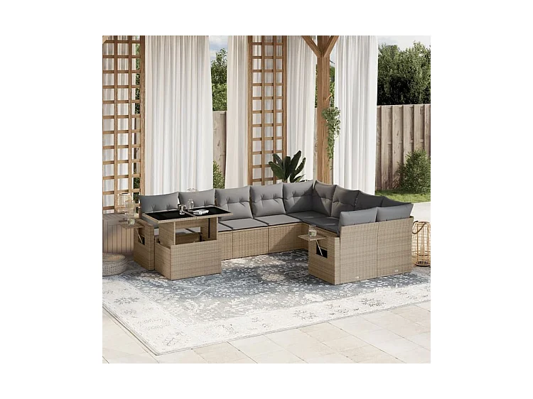Salon de jardin avec coussins 10 pcs beige résine tressée