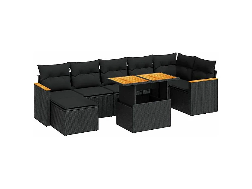 Salon de jardin avec coussins 8 pcs noir résine tressée acacia