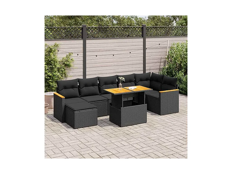 Salon de jardin avec coussins 8 pcs noir résine tressée acacia