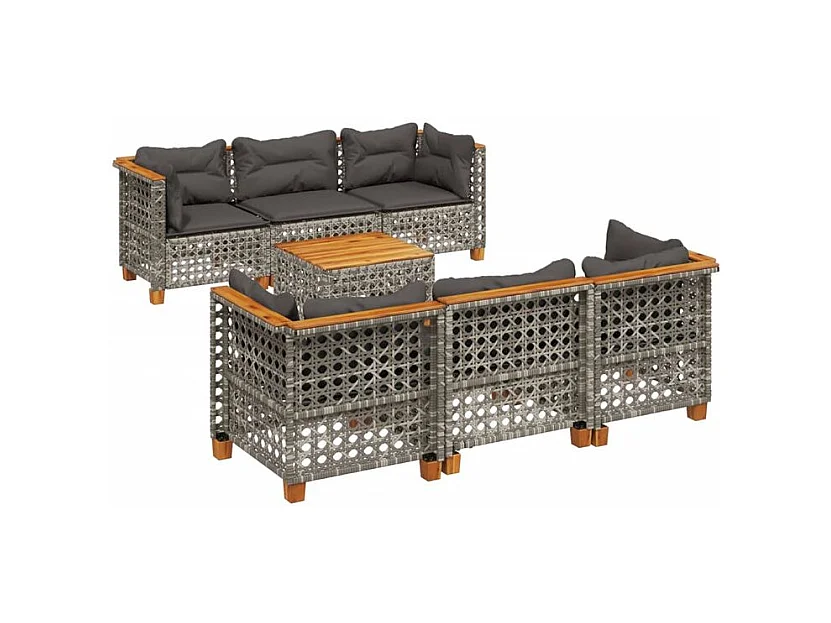 Salon de jardin avec coussins 7 pcs gris résine tressée