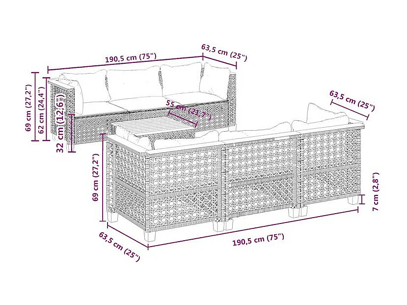Salon de jardin avec coussins 7 pcs gris résine tressée