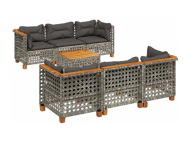 Salon de jardin avec coussins 7 pcs gris résine tressée
