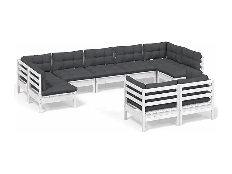 Salon de jardin 9 pcs avec coussins blanc bois de pin massif