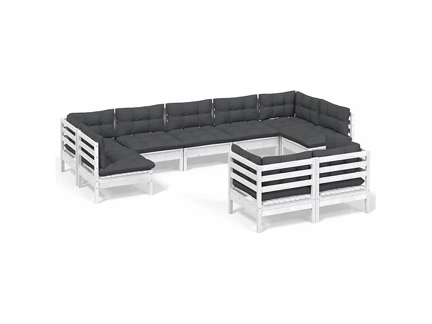 Salon de jardin 9 pcs avec coussins blanc bois de pin massif