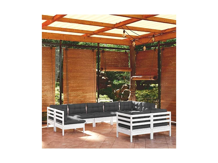 Salon de jardin 9 pcs avec coussins blanc bois de pin massif