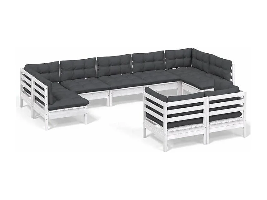 Salon de jardin 9 pcs avec coussins blanc bois de pin massif