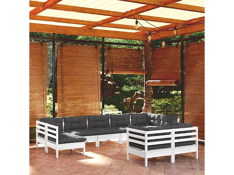 Salon de jardin 9 pcs avec coussins blanc bois de pin massif