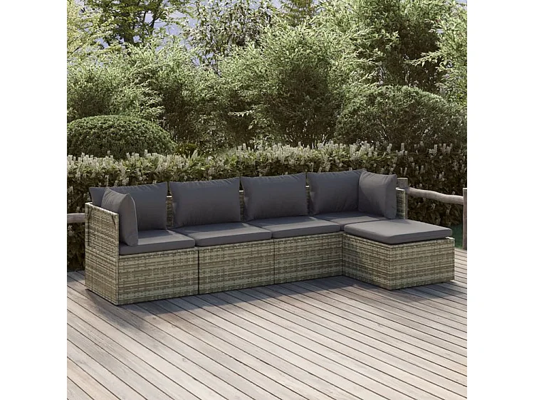 Salon de jardin 5 pcs avec coussins Gris Résine tressée