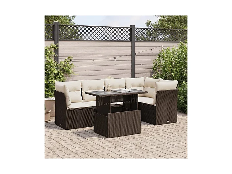 Salon de jardin avec coussins 6 pcs marron résine tressée
