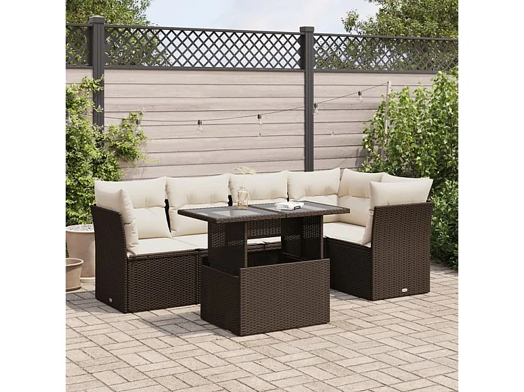 Salon de jardin avec coussins 6 pcs marron résine tressée