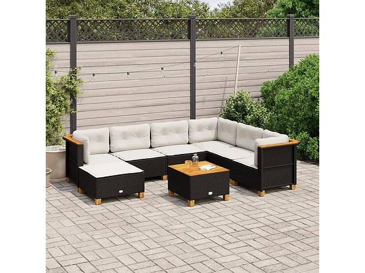 Salon de jardin 8 pcs avec coussins noir résine tressée