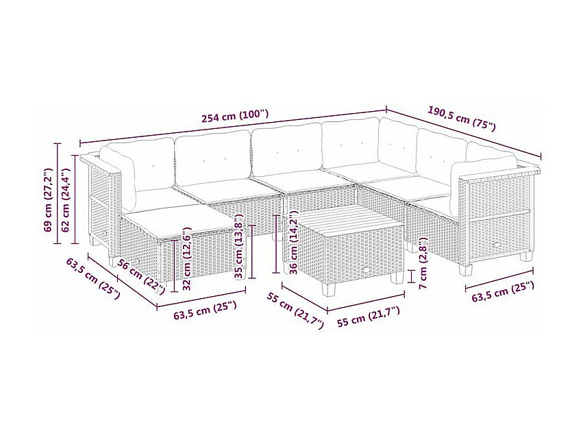 Salon de jardin 8 pcs avec coussins noir résine tressée