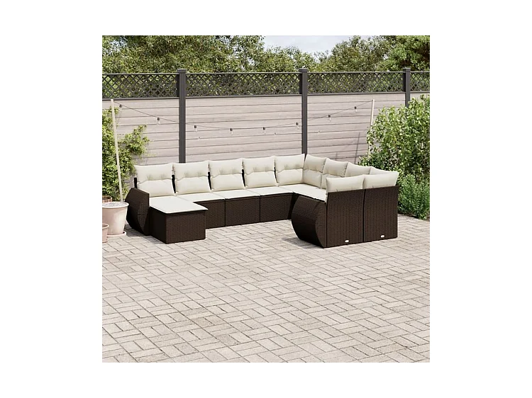 Salon de jardin 10 pcs avec coussins marron résine tressée