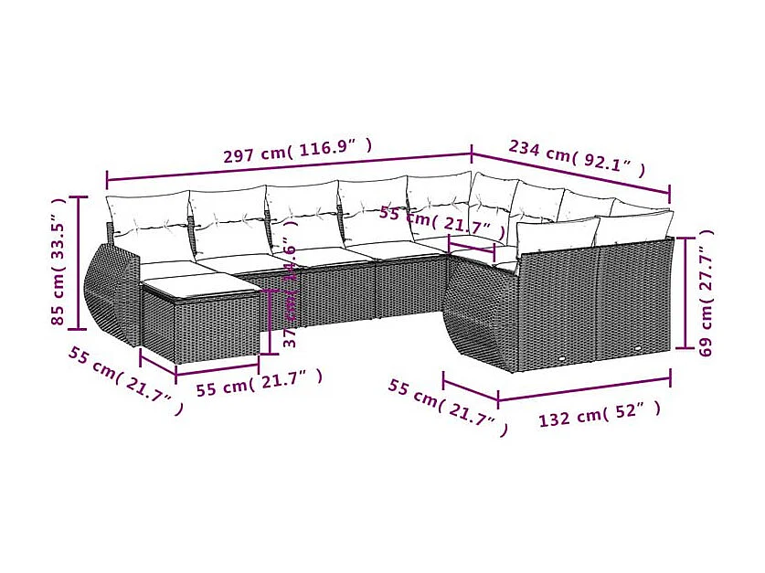 Salon de jardin 10 pcs avec coussins marron résine tressée