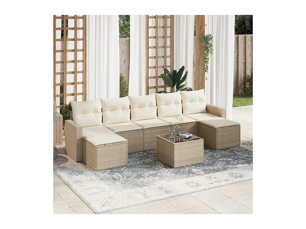 Salon de jardin avec coussins 8 pcs beige résine tressée