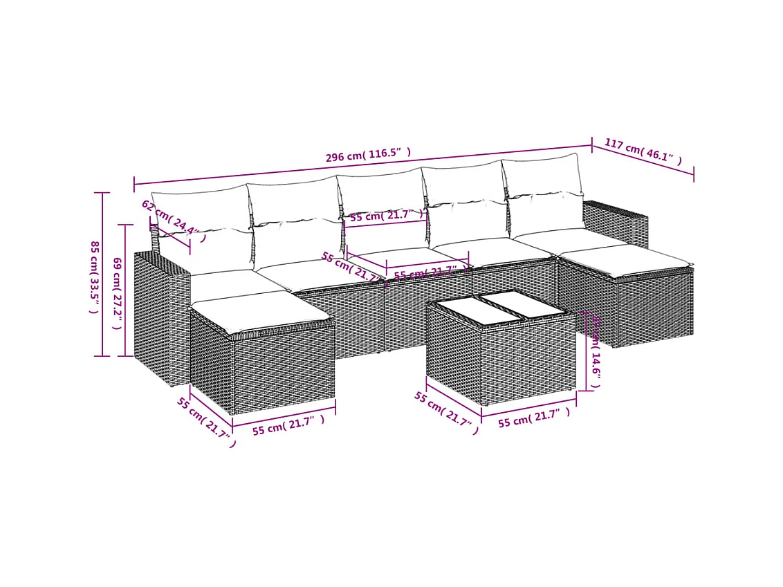 Salon de jardin avec coussins 8 pcs beige résine tressée