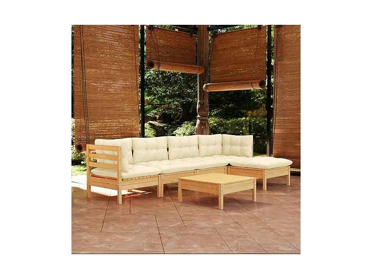 Salon de jardin 6 pcs avec coussins crème Bois de pin
