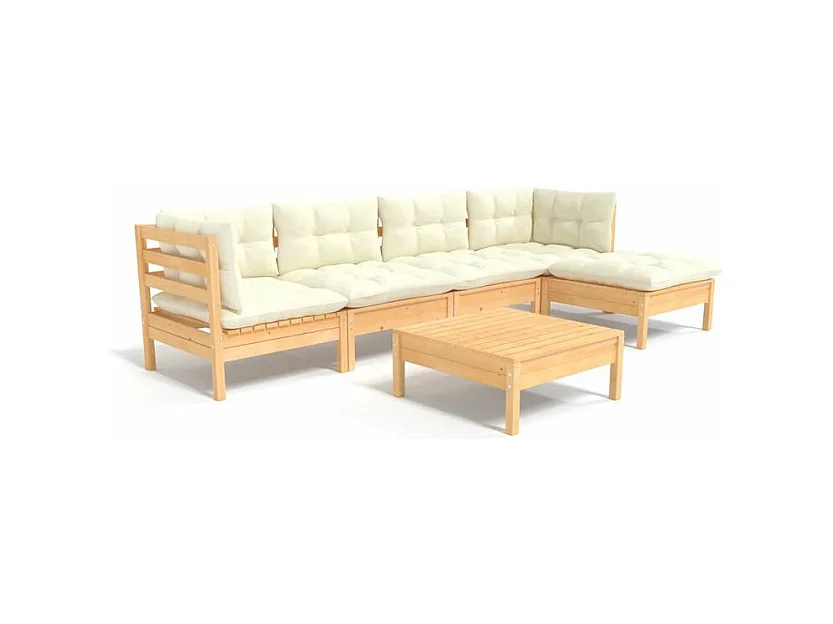 Salon de jardin 6 pcs avec coussins crème Bois de pin