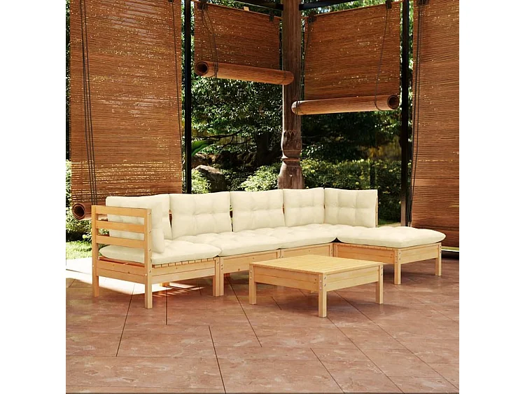 Salon de jardin 6 pcs avec coussins crème Bois de pin
