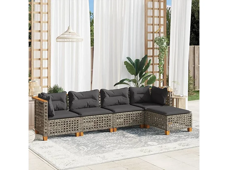 Salon de jardin 5 pcs avec coussins gris résine tressée