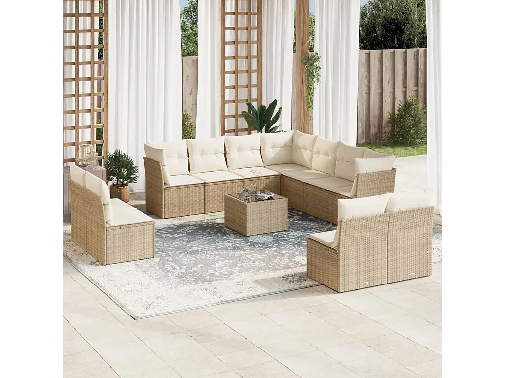 Salon de jardin avec coussins 12 pcs beige résine tressée