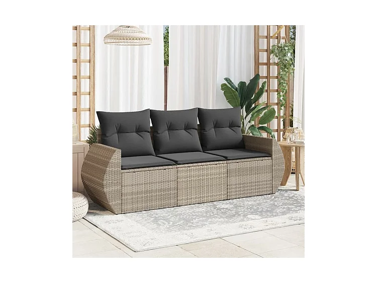 Salon de jardin avec coussins 3 pcs gris clair résine tressée